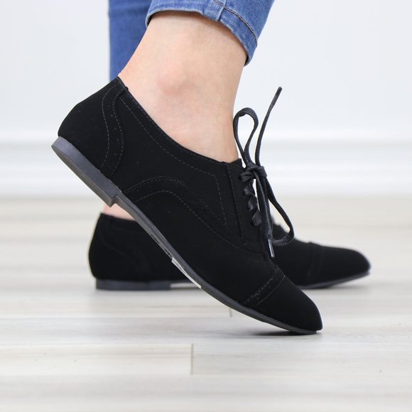Black Faux Nubuck Lace up Flat Heel Oxford Style Shoes - Picture 5 of 12